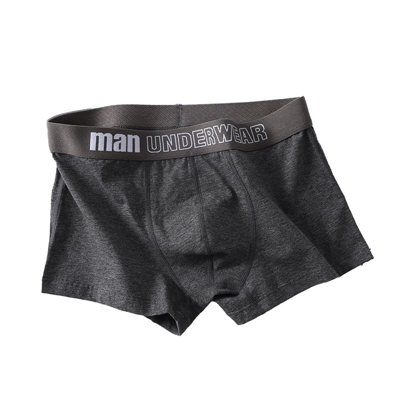 Dark gray cotton men's boxer shorts, breathable solid design with 'man UNDERWEAR' waistband, comfortable daily wear - SF0744